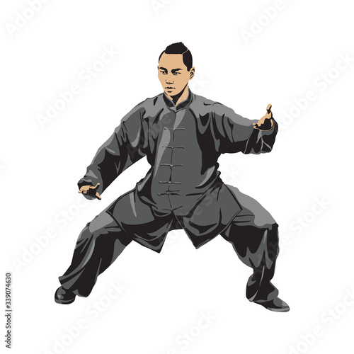 Male showing the rack position Wushu. Art of wushu. Vector illustration.