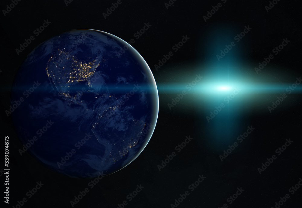 View of planet Earth at night with cities lights on America 3D rendering elements of this image furnished by NASA View of planet Earth at night with cities lights on America 3D rendering elements of this image furnished by NASA
