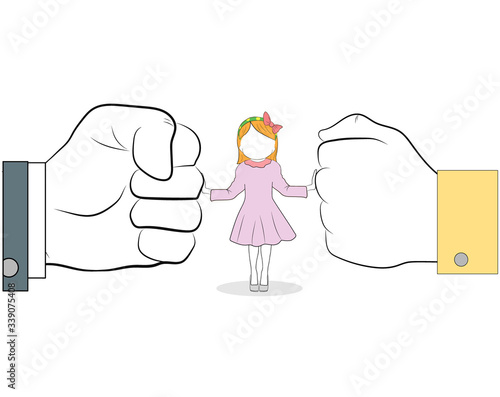 girl stands between fists of parents. family conflict resolution concept. children reassure parents. vector illustration.