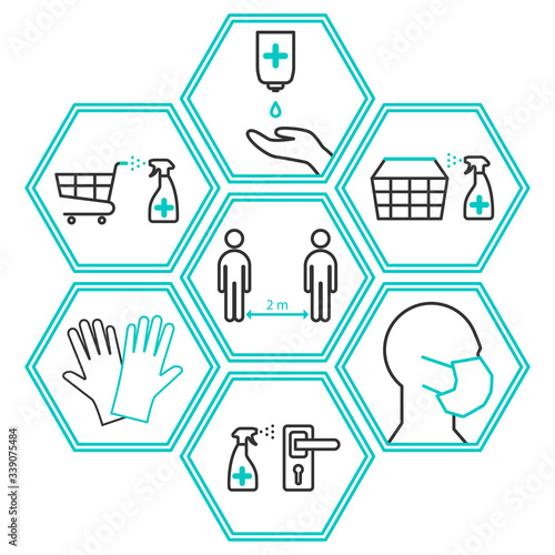 A set of icons on the prevention of coronavirus when shopping - the use of a medical mask and gloves, disinfection of carts and baskets, maintaining a social distance. Vector illustration