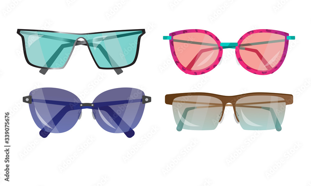 Different styles of sunglasses of various shapes and colors for eyes protection Different styles of sunglasses of various shapes and colors for eyes protection