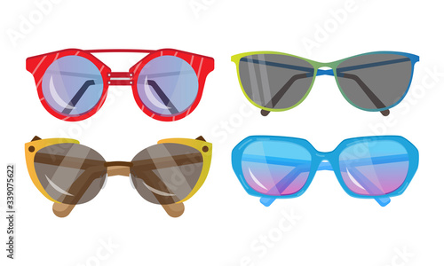 Different styles of sunglasses of various shapes and colors