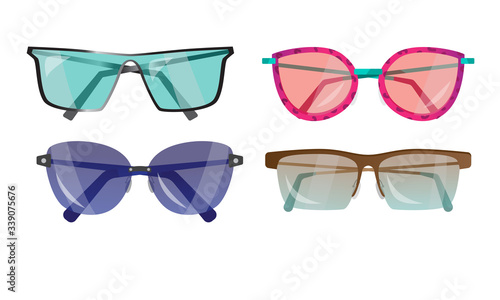Different styles of sunglasses of various shapes and colors for eyes protection