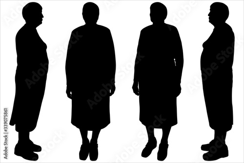Vector of a female silhouette is in different positions. Grandmother. Set of four silhouettes, profile, full face, half side. Older woman. Pensioner in a skirt and a short haircut. Standing up. Choir.