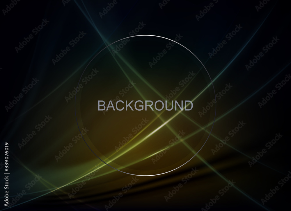 Abstract dark background with light gentle curved lines, round frame with a shiny rim