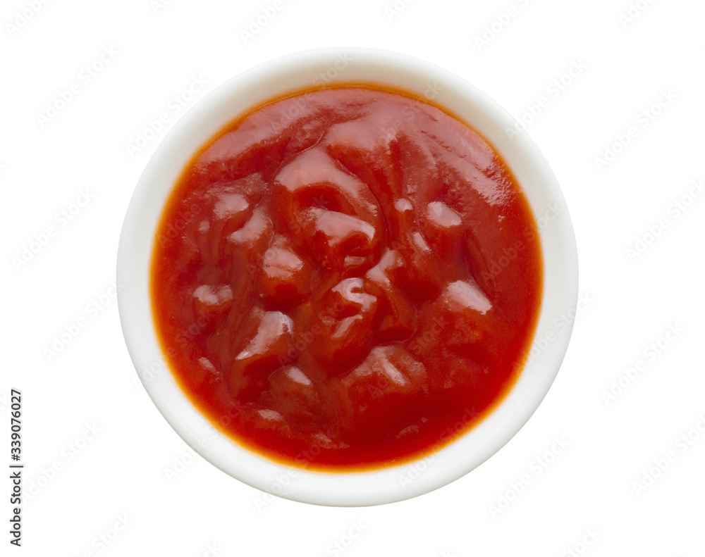 Tomato sauce ketchup in white bowl isolated on white background Tomato sauce ketchup in white bowl isolated on white background