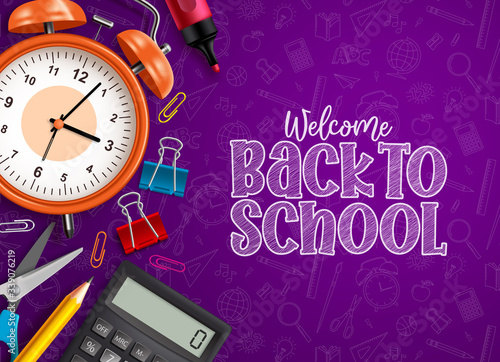 Back to school education vector design. Back to school text in empty space with school items and supplies in violet education pattern background. Vector illustration.

