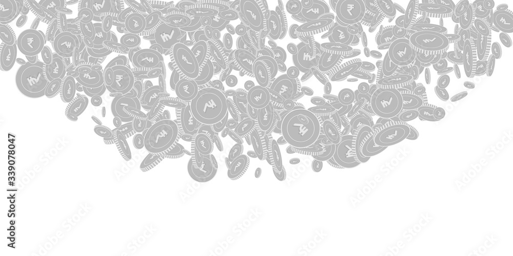 Indian rupee coins falling. Scattered black and wh Indian rupee coins falling. Scattered black and wh