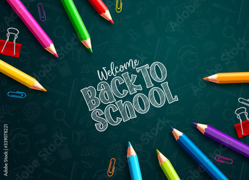 Back to school colored pencils vector design. Back to school text and colorful colored pencils and paper clips in green educational pattern background. Vector illustration.
