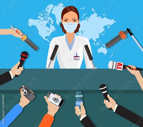 Press conference, world live tv news, interview. doctor with medical mask. hands of journalists with microphones. vector illustration in flat style on blue background with world map