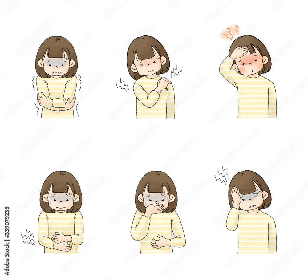 病気 症状セット2 悪寒 関節の痛み 発熱 腹痛 吐き気 頭痛 女の子 Stock イラスト Adobe Stock 病気 症状セット2 悪寒 関節の痛み 発熱 腹痛 吐き気 頭痛 女の子 Stock イラスト Adobe Stock