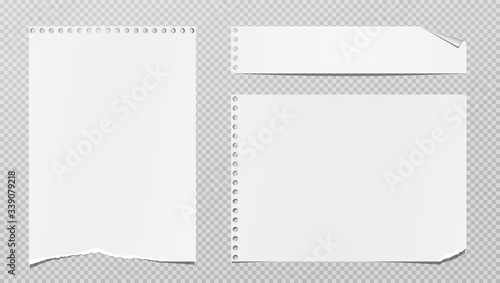 Torn of white note, notebook paper strips, pieces stuck on grey squared background. Vector illustration