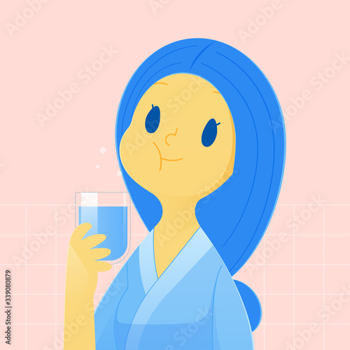 Healthy happy woman rinsing and gargling while using mouthwash from a glass. During daily oral hygiene routine. Dental Health Concept, Vector and illustration