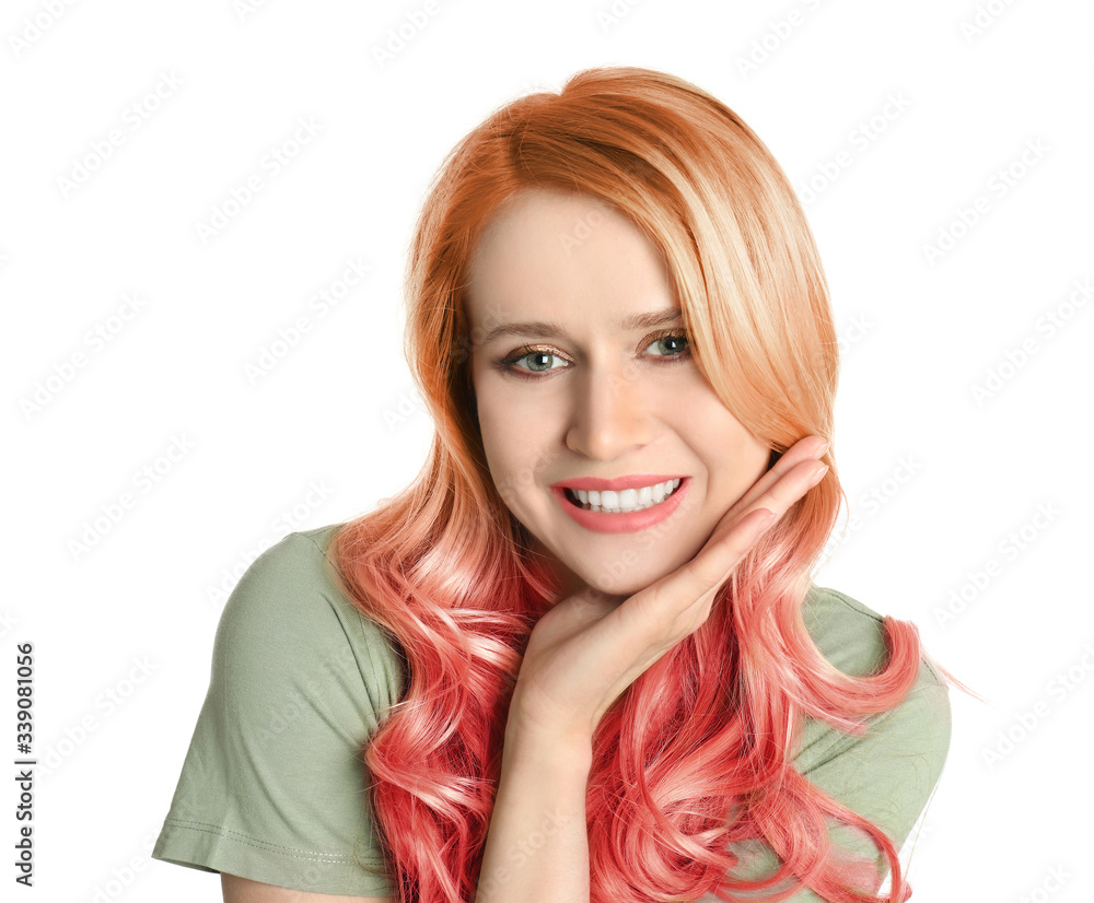 Portrait of young woman with dyed long curly hair on white background Portrait of young woman with dyed long curly hair on white background