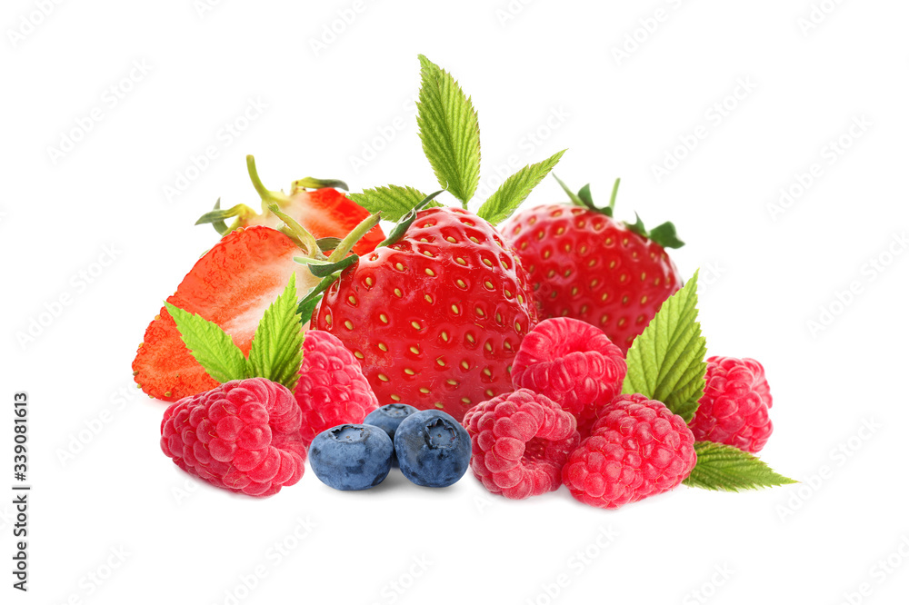 Different ripe tasty berries on white background Different ripe tasty berries on white background