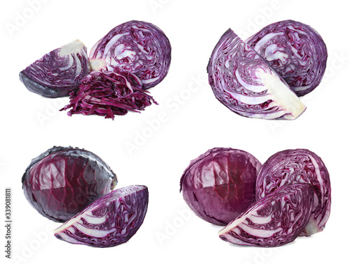 Set of fresh ripe red cabbages on white background