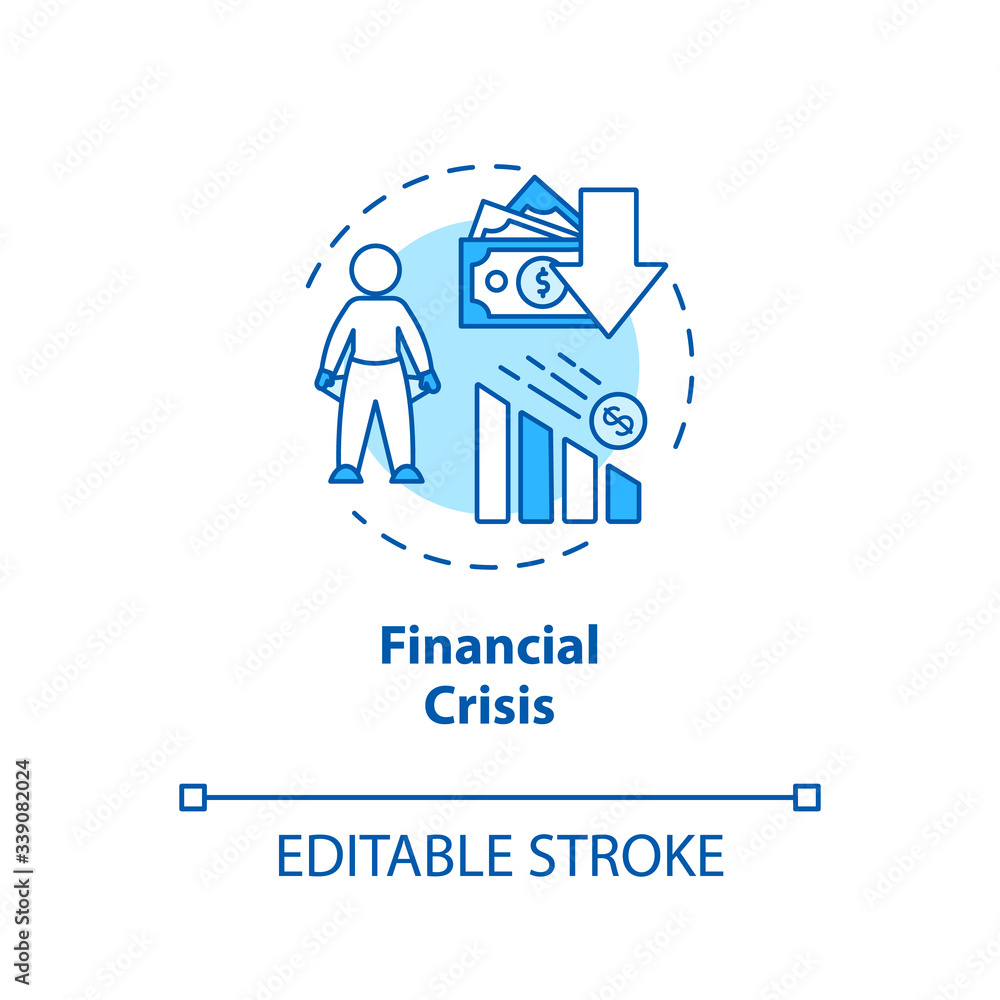 Financial crisis concept icon. International stock market crash, global economic emergency idea thin line illustration. Currency recession. Vector isolated outline RGB color drawing. Editable stroke