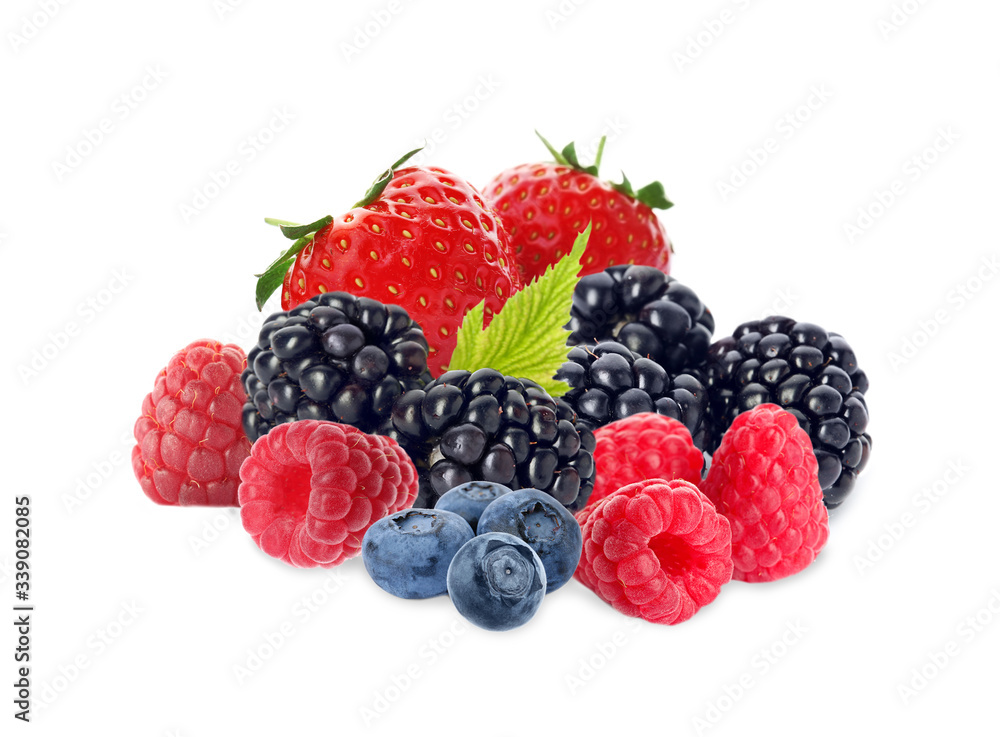Different ripe tasty berries on white background Different ripe tasty berries on white background