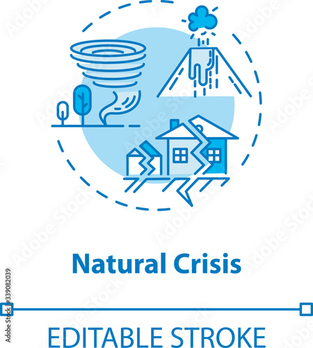 Natural crisis concept icon. Environmental issues, ecological disaster idea thin line illustration. Tornado, earthquake, volcano eruption. Vector isolated outline RGB color drawing. Editable stroke