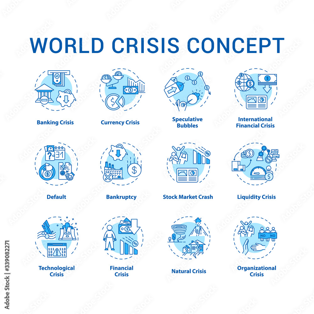 World crisis concept icons set. International disaster situation, emergency event with global negative changes idea thin line RGB color illustrations. Vector isolated outline drawings. Editable stroke
