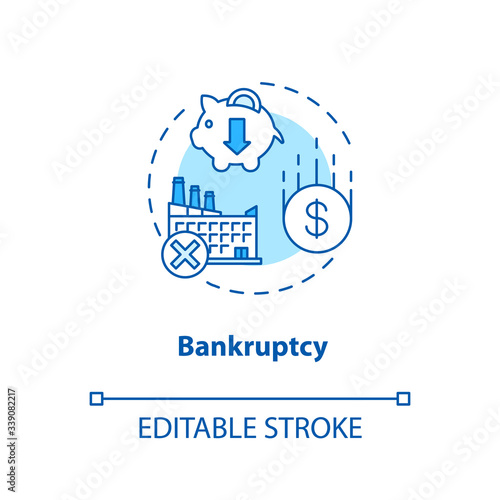 Bankruptcy concept icon. Business collapse, corporate crisis idea thin line illustration. Legal entity, company debt repayment inability. Vector isolated outline RGB color drawing. Editable stroke