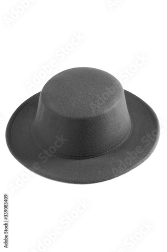 Close up shot of a gray boater hat with wide brim. The classic shape hat is isolated on the white backdrop. 