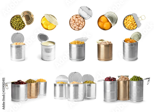Картината върху платно Set of different canned food on white background
