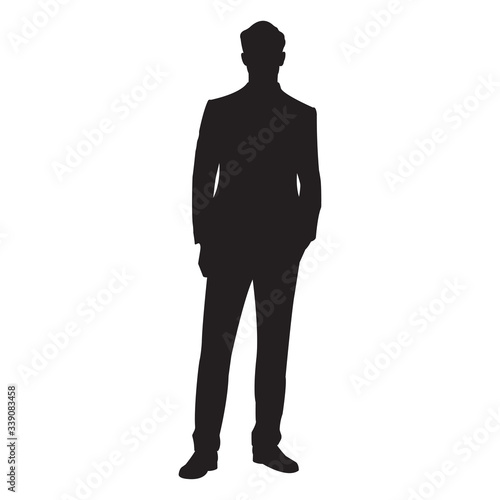 Man in suit silhouette. Businessman standing. Business person black figure. Vector illustration.