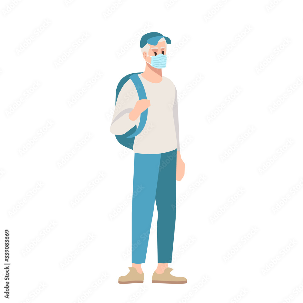 College student in surgical mask semi flat RGB color vector illustration. Caucasian guy with rucksack isolated cartoon character on white background. Pandemic education, covid19 outbreak