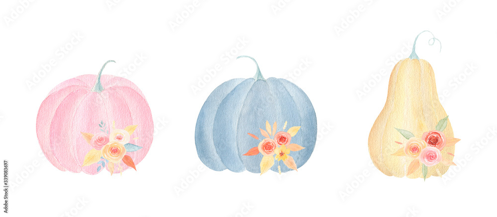Decorative pumpkin set with leaves and flowers. Autumn bouquet for greeting cards, Thanksgiving day, Helloween, seasonal sale template. Harvest collection. Hello autumn illustration. Aesthetic palette