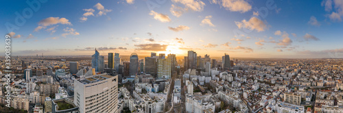 Aerial pano drone shot of La Defense skyscraper complex view from Courbevoie