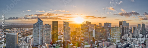 Aerial pano drone shot of La Defense skyscraper complex view from Courbevoie
