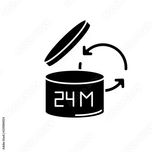 Product shelf life black glyph icon. Cosmetics expiration date, merchandise safe use and consumption period. Open lid packaging. Silhouette symbol on white space. Vector isolated illustration