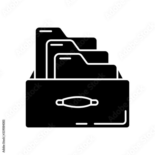 Bookkeeping card system black glyph icon. Paper documents systematization, data folders. Paperwork, accounting documentation archive. Silhouette symbol on white space. Vector isolated illustration
