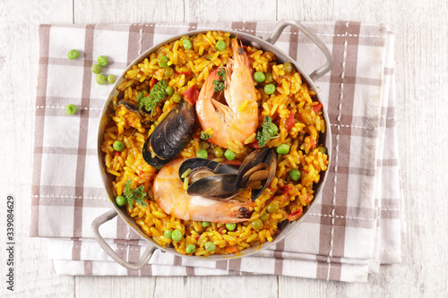 paella with rice and seafood- traditional spanish dish