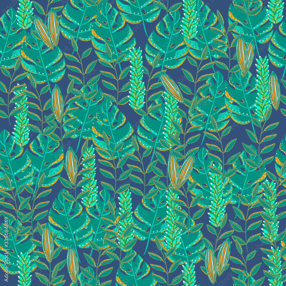 Fototapeta Seamless hand drawn pattern with tropical leaves. 
