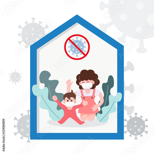 Mother and son Mother's day. Stay home save life concept. Covid-19 coronavirus pandemic outbreak. Health care and medical vector.
