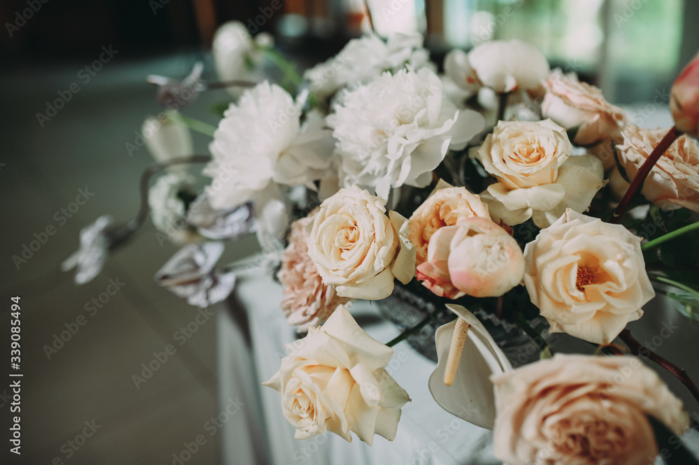 Head table for the newlyweds at the wedding hall. Head table for the newlyweds at the wedding hall.