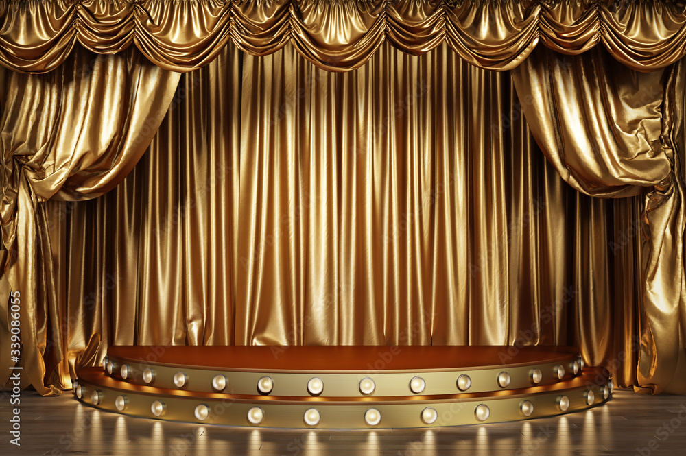 Empty theater stage with golden curtains. 3d illustration - obrazy, fototapety, plakaty 