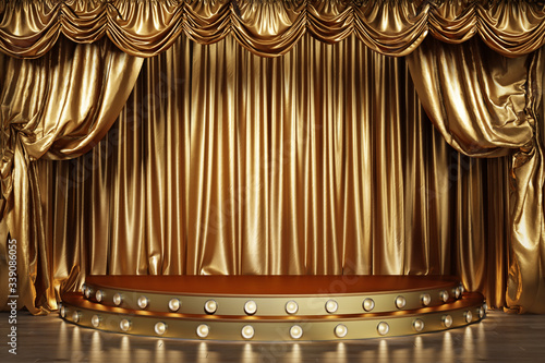 Empty theater stage with golden curtains. 3d illustration