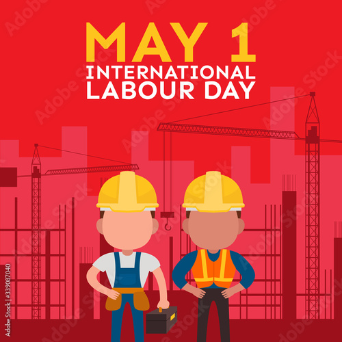 International Labour or Labor Day Poster With Two Workers in Front of Construction Site Silhouette