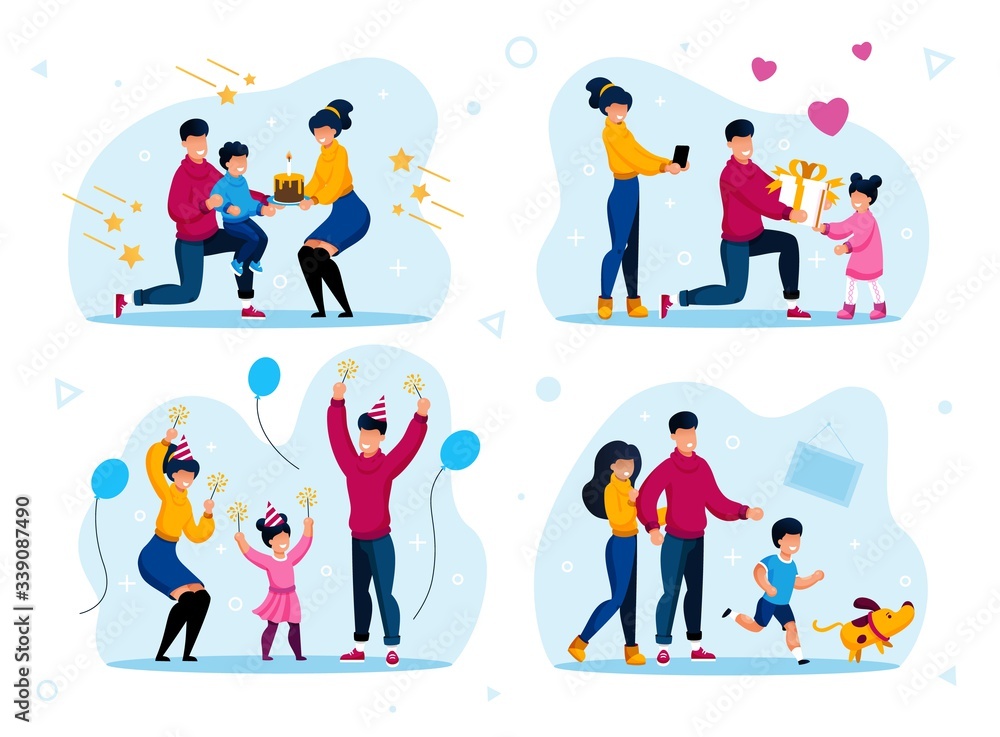 Family Holiday Celebration Traditions Trendy Flat Vector Concepts Set. Parents Greeting Child with Birthday, Having Fun on Holiday Party Celebration, Playing with Dog at Home Isolated Illustrations