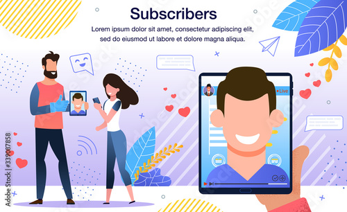 Popularity Among Internet Users, Authority in Social Networks, Famous Person or Celebrity Online Followers Banner, Poster. Blogger Subscribers Discussing Last News Trendy Flat Vector Illustration