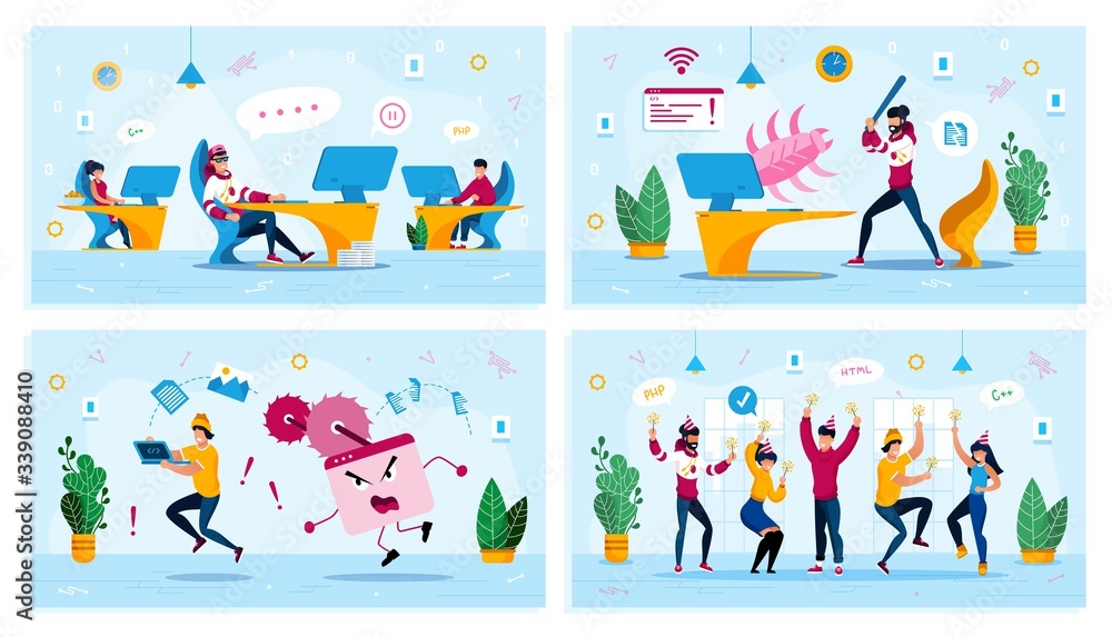 Fototapeta premium Employees Motivation, Internet Threat, Corporate Party Trendy Flat Vector Concepts Set. Procrastinating Programmer, User Fighting with Bug, Rescuing Computer from Virus, Dancing Coworkers Illustration