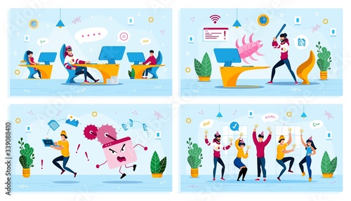 Employees Motivation, Internet Threat, Corporate Party Trendy Flat Vector Concepts Set. Procrastinating Programmer, User Fighting with Bug, Rescuing Computer from Virus, Dancing Coworkers Illustration