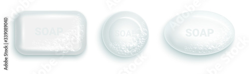 Soap bar with foam and bubbles isolated vector illustration on white background. Soap foam for lather. Vector illustration.