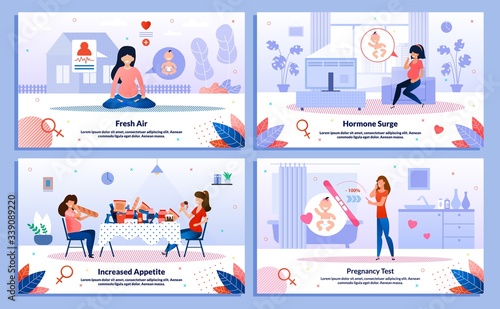 Pregnancy Test, Pregnant Woman Appetite, Hormone Surge, Outdoor Activity Trendy Flat Vector Banner, Poster Set. Lady Meditating, Feels Mood Changes, Eating Unhealthy Food, Looking on Test Illustration