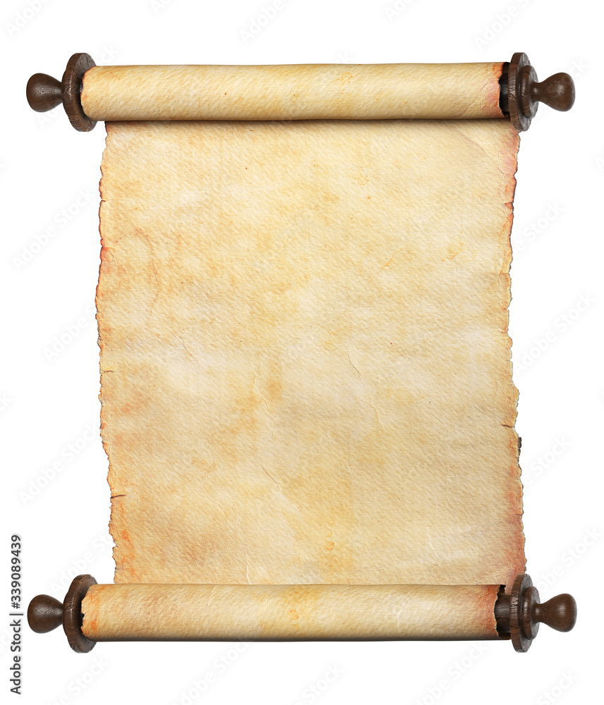 Ancient scroll parchment with wooden handles. Clipping path included. 3d illustration. - obrazy, fototapety, plakaty 