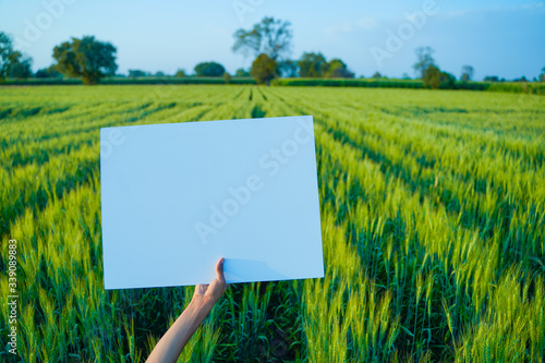 empty cardboard in farmer hand, agricultural background