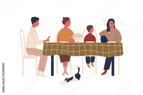 Disobedience teen girl listen music in earphones during family dinner vector flat illustration. Annoyed cartoon parents and little brother berate teenage female isolated on white. Conflict behavior